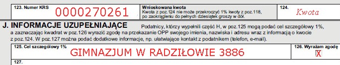 Przeka 1% podatku na KRS: 0000270261 z celem szczegowym: Gimnazjum w Radziowie 3886